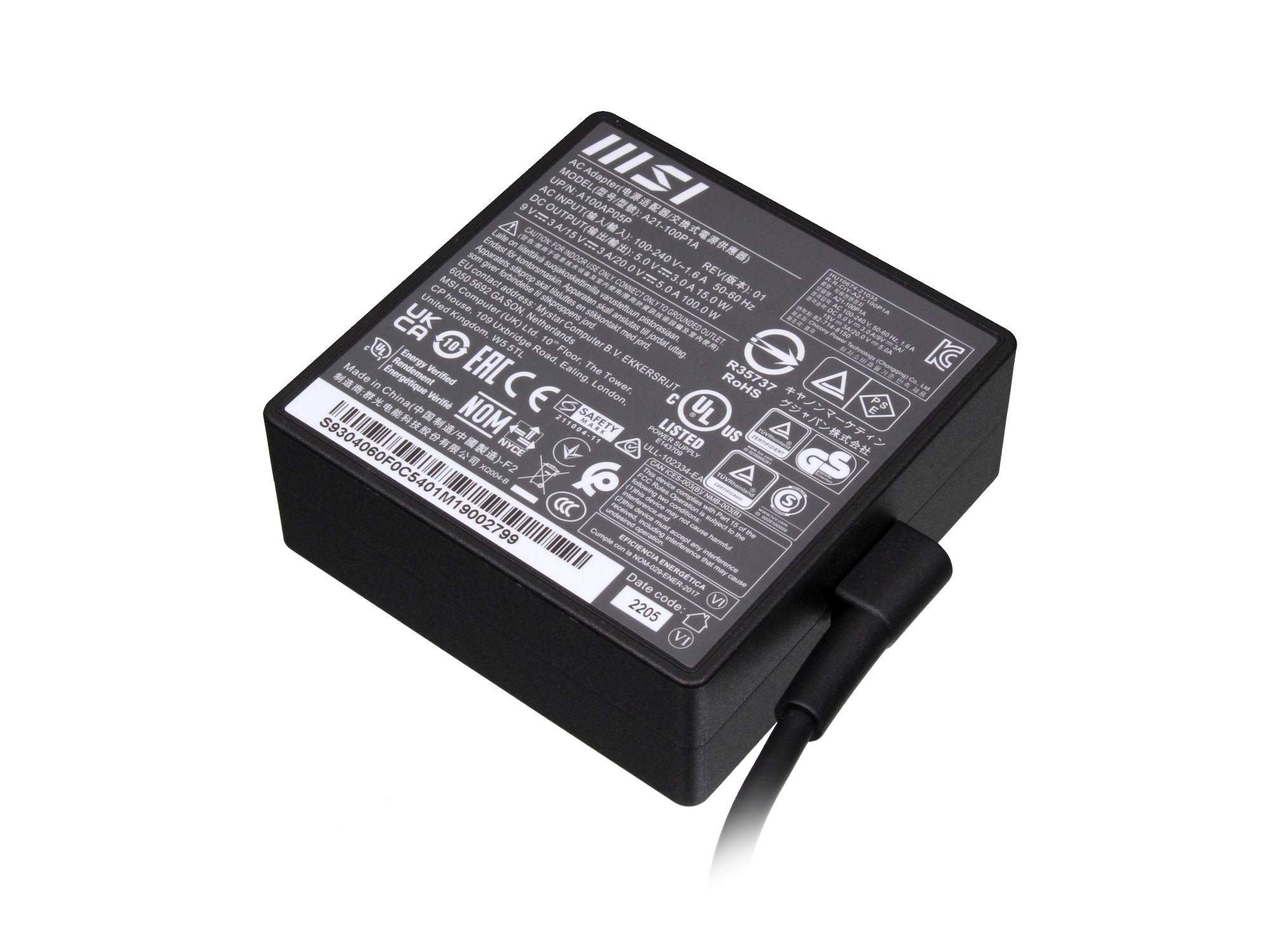 MSI USB-C Netzteil 100 Watt eckige Bauform für MSI Summit 15 A11SCS/A11SCST (MS-16S6)